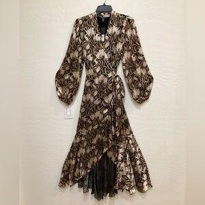 BANANA REPUBLIC BLACK, GOLD, CREAM WRAP DRESS- SHORTER FRONT, LONGER BACK